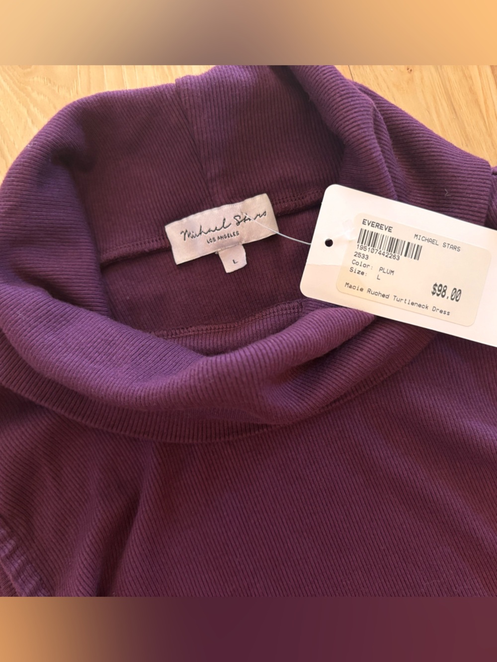 NWT Evereve Michael Stars Ruched Turtleneck Mini Dress Plum Ribbed Sleeveless L - Picture 4 of 8